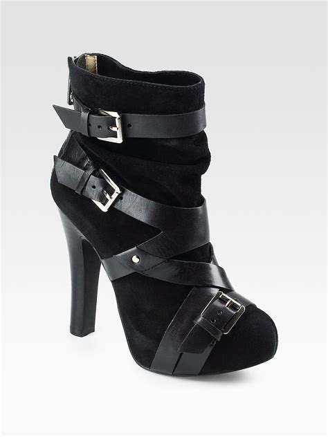 michael kors black suede and leather ankle boots|Michael Kors adjustable buckle boots.